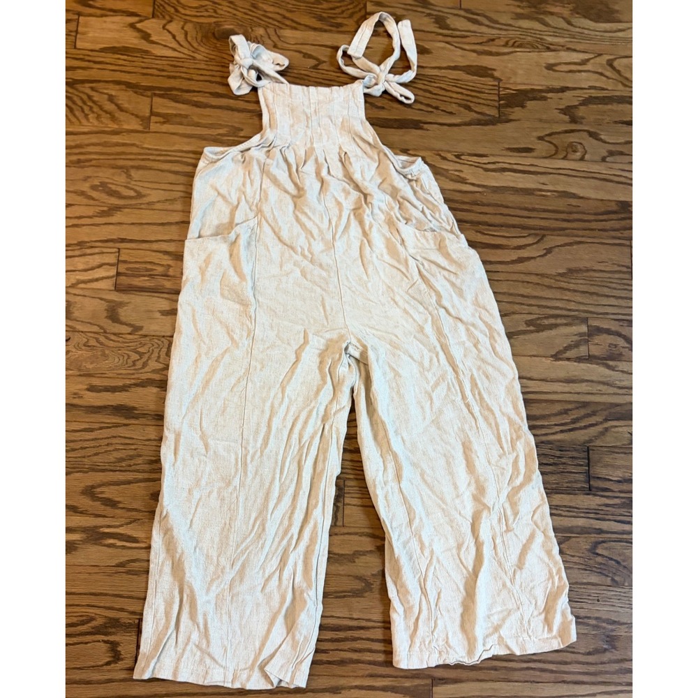 HYFVE Women's Medium Beige Linen Blend Wide Leg Jumpsuit Tie Straps Pockets